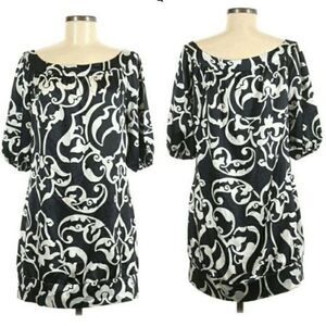 WHBM Retro 70's Silky Scroll Print Boat Neck Elbow Sleeve Dress Black White Sz M